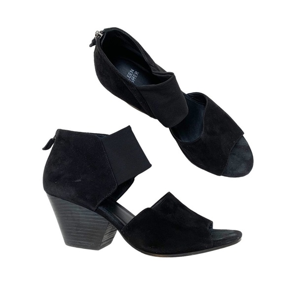 Eileen Fisher Black Suede Sandal Heels Zip Back Mesh Strap Size 9 - Picture 8 of 15